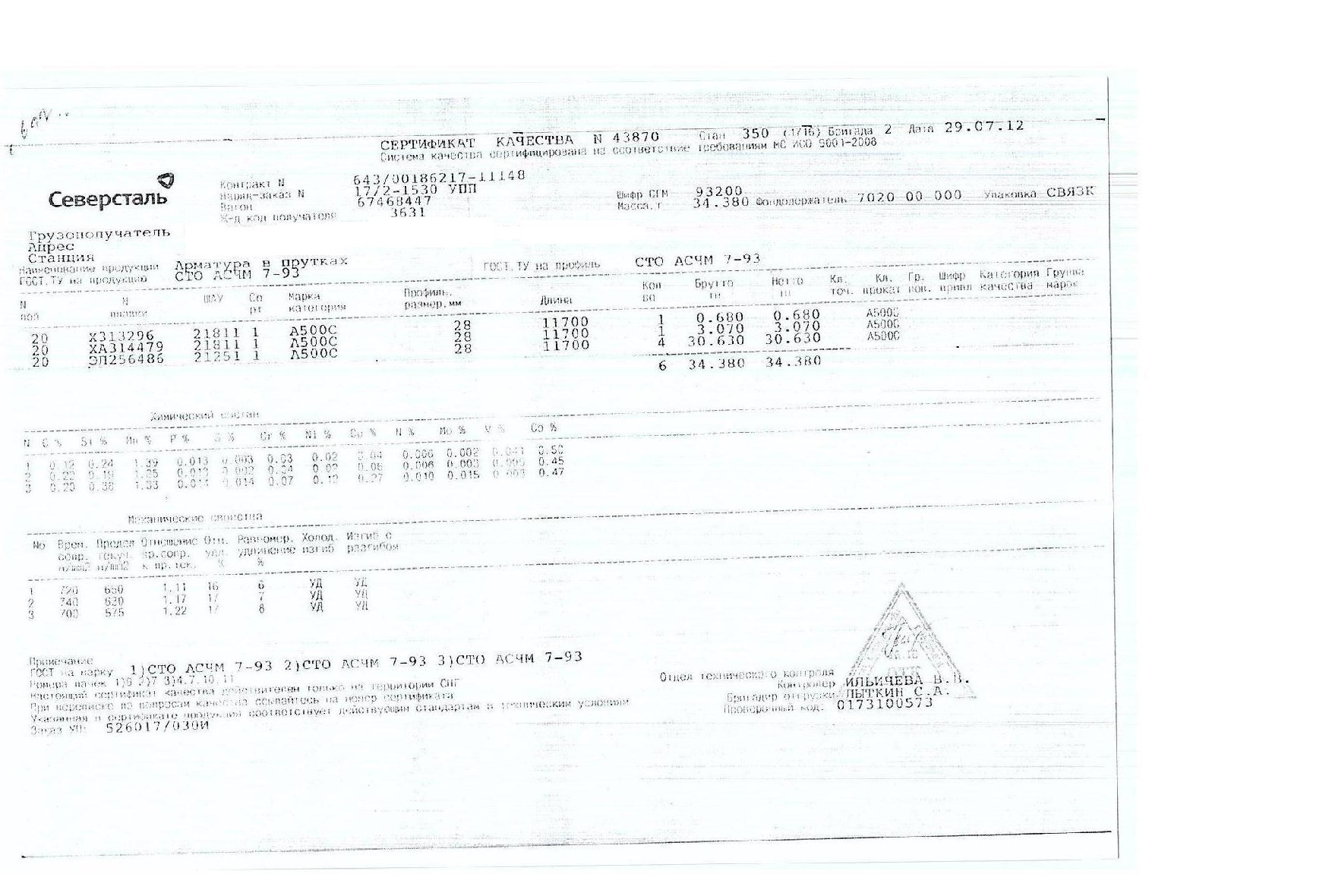 Сертификат на арматуру (класса А3) 28 (А500С) от 2012-07